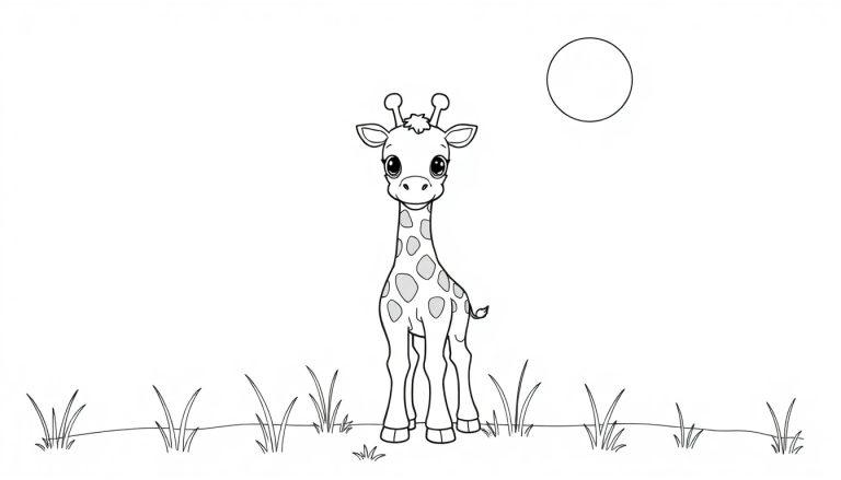 Schwarz-weiße Farbtafel eines niedlichen Giraffenbabys, das auf Gras steht, mit einem einfachen Kreis im Hintergrund.