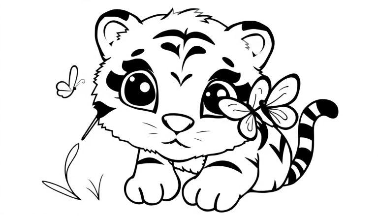 Schwarz-weiße Farbtafel eines niedlichen Tigerbabys mit großen Augen und Streifen, neben dem ein kleiner Schmetterling fliegt und ein anderer auf seinem Körper sitzt.
