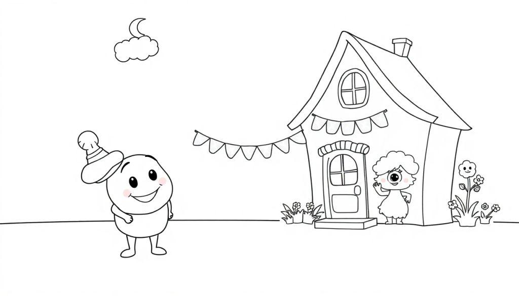 Ein lächelndes Cartoon-Ei mit Hut steht vor einem kleinen Haus, bereit zum Ausmalen als Farbtafel.