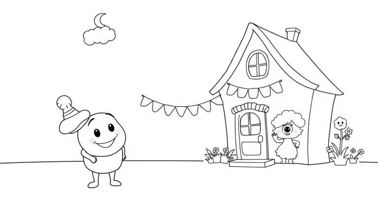Ein lächelndes Cartoon-Ei mit Hut steht vor einem kleinen Haus, bereit zum Ausmalen als Farbtafel.