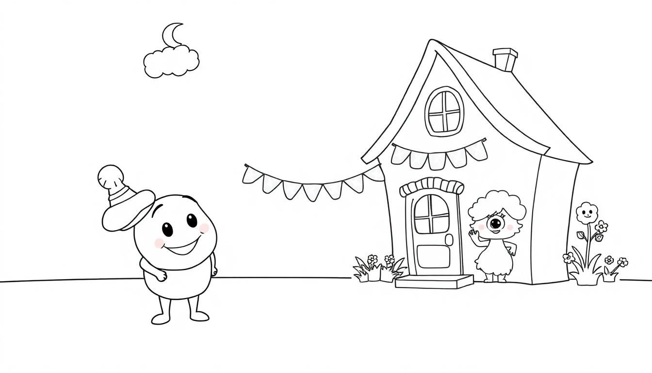 Ein lächelndes Cartoon-Ei mit Hut steht vor einem kleinen Haus, bereit zum Ausmalen als Farbtafel.