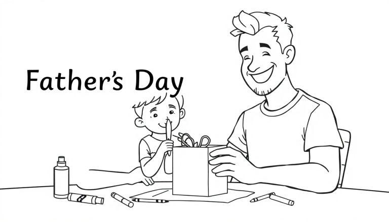 Eine Schwarz-Weiß-Farbtafel-Vorlage zum Vatertag, die einen lachenden Vater und seinen Sohn zeigt, wie sie gemeinsam ein Geschenk basteln.