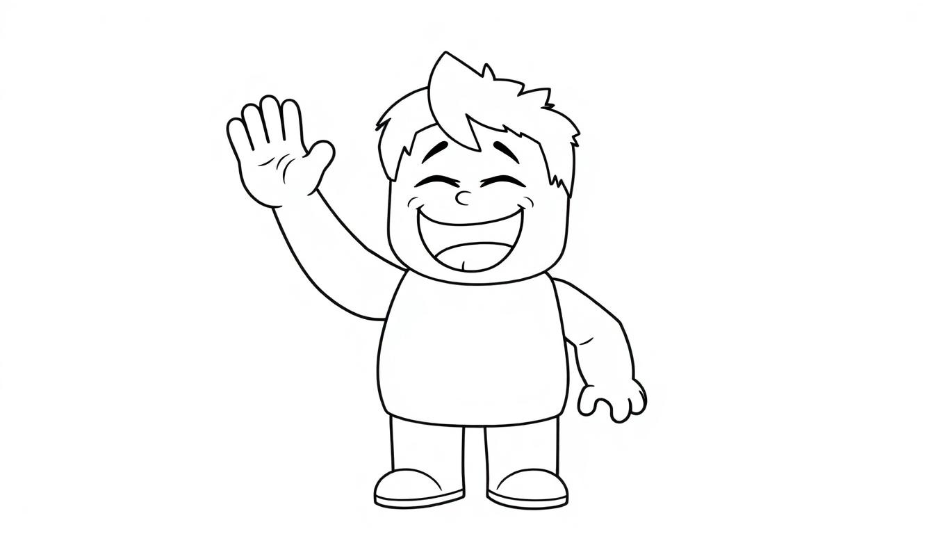 Schwarz-weiße Farbtafel-Cartoon eines lächelnden Jungen, der winkt.