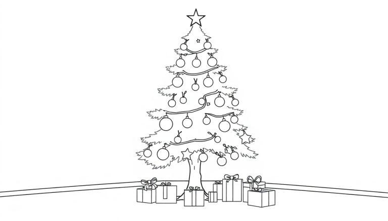 Farbtafel eines Umrisses eines Weihnachtsbaums mit Geschenken und Ornamenten.