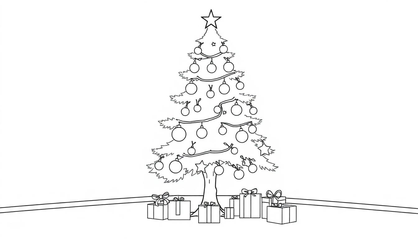 Farbtafel eines Umrisses eines Weihnachtsbaums mit Geschenken und Ornamenten.