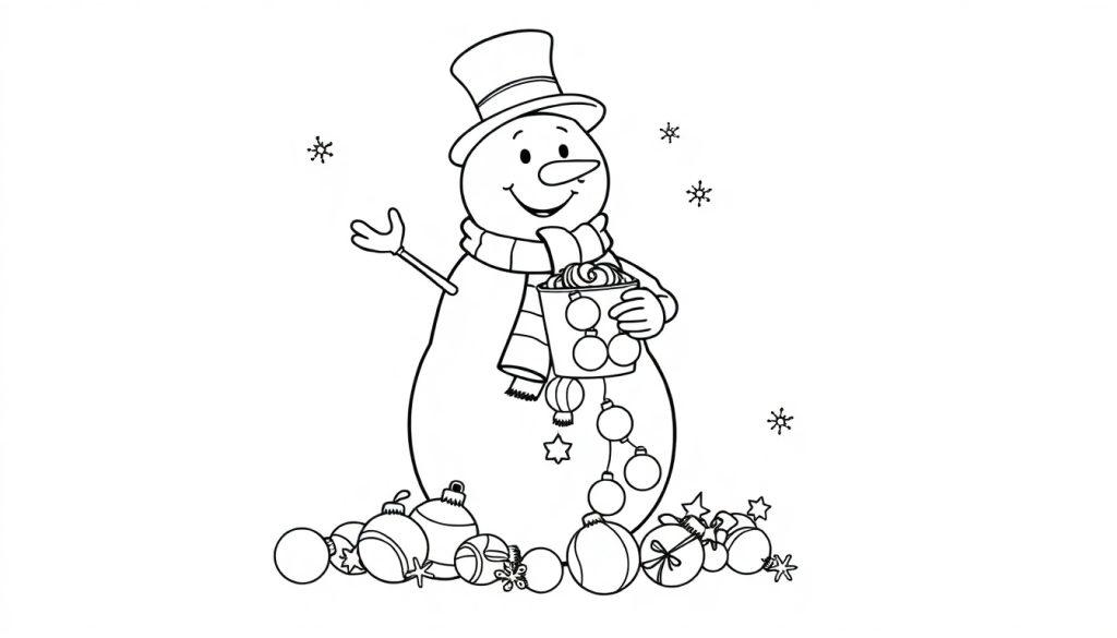 Schwarz-Weiß-Farbtafel-Zeichnung eines freundlichen Schneemanns mit Hut, Karottennase und Schal, der einen Becher hält und von Weihnachtskugeln und Schneeflocken umgeben ist.