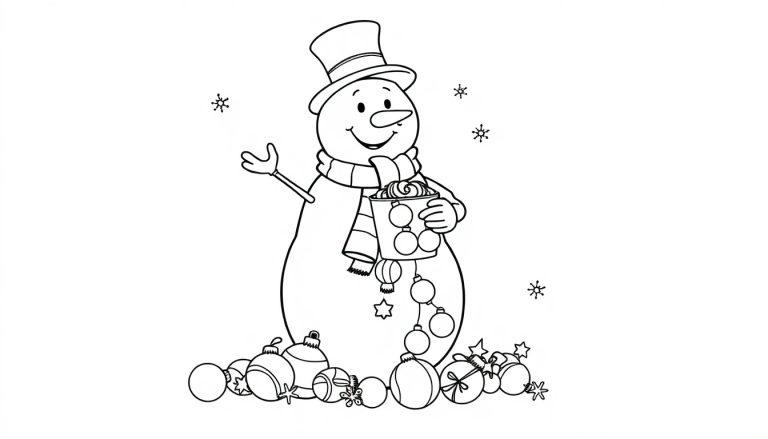 Schwarz-Weiß-Farbtafel-Zeichnung eines freundlichen Schneemanns mit Hut, Karottennase und Schal, der einen Becher hält und von Weihnachtskugeln und Schneeflocken umgeben ist.