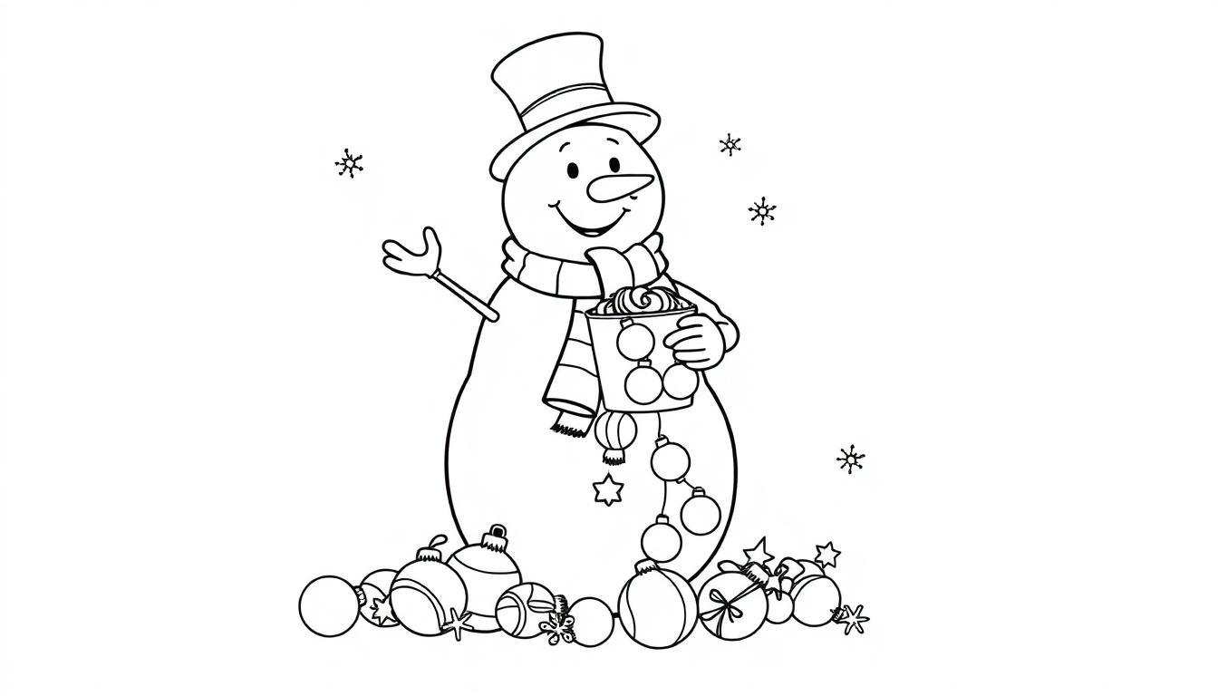 Schwarz-Weiß-Farbtafel-Zeichnung eines freundlichen Schneemanns mit Hut, Karottennase und Schal, der einen Becher hält und von Weihnachtskugeln und Schneeflocken umgeben ist.
