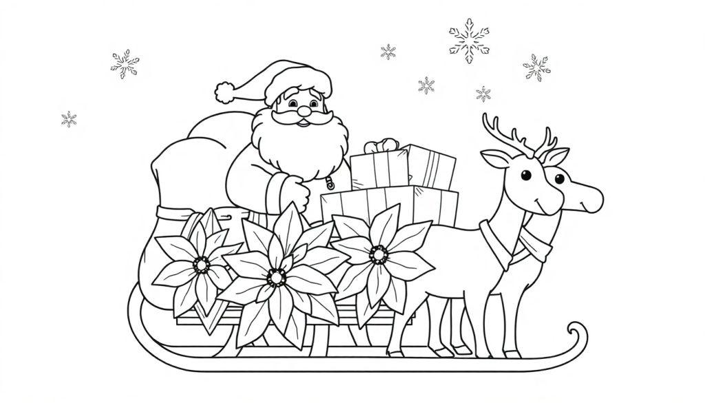 Farbtafel: Schwarz-weißer Ausmalbild von Santa Claus auf einem Schlitten, gezogen von Rentieren, mit Geschenken, Weihnachtssternen und Schneeflocken.