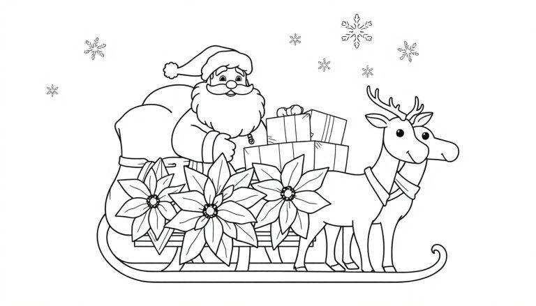 Farbtafel: Schwarz-weißer Ausmalbild von Santa Claus auf einem Schlitten, gezogen von Rentieren, mit Geschenken, Weihnachtssternen und Schneeflocken.