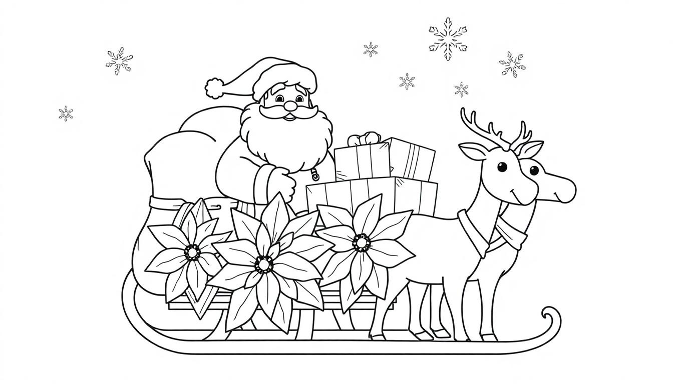 Farbtafel: Schwarz-weißer Ausmalbild von Santa Claus auf einem Schlitten, gezogen von Rentieren, mit Geschenken, Weihnachtssternen und Schneeflocken.