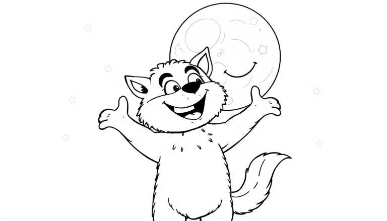 Schwarz-Weiß-Farbtafel: Ein fröhlicher Cartoon-Wolf mit erhobenen Armen und einem breiten Lächeln, der vor einem lächelnden Mond steht, mit kleinen Sternen im Hintergrund.