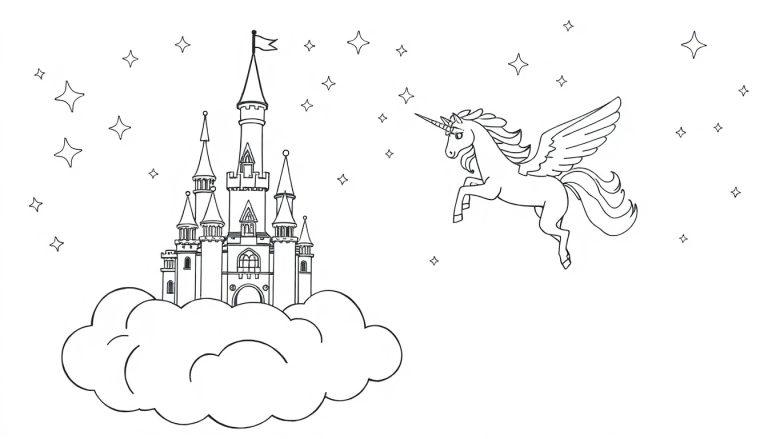 Eine schwarz-weiße Farbtafel-Illustration zeigt ein detailreiches Schloss auf einer Wolke mit Sternen im Hintergrund und einem geflügelten Einhorn, das in der Luft schwebt.