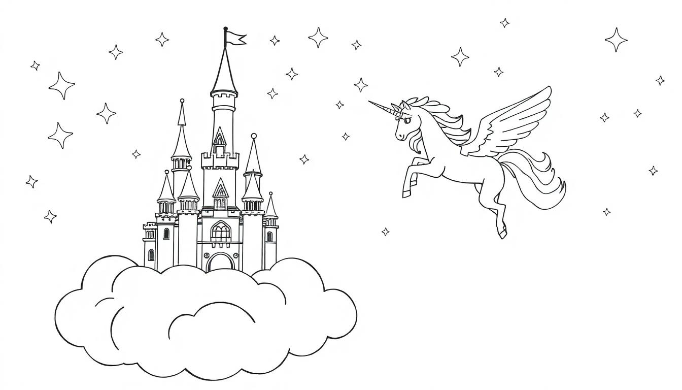 Eine schwarz-weiße Farbtafel-Illustration zeigt ein detailreiches Schloss auf einer Wolke mit Sternen im Hintergrund und einem geflügelten Einhorn, das in der Luft schwebt.