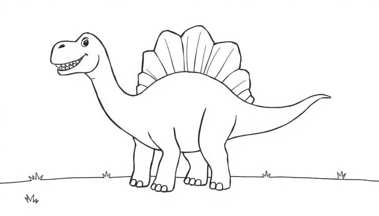 Schwarz-weiße Farbtafel eines freundlichen Stegosaurus mit Rückenschildern und einem lächelnden Gesicht.