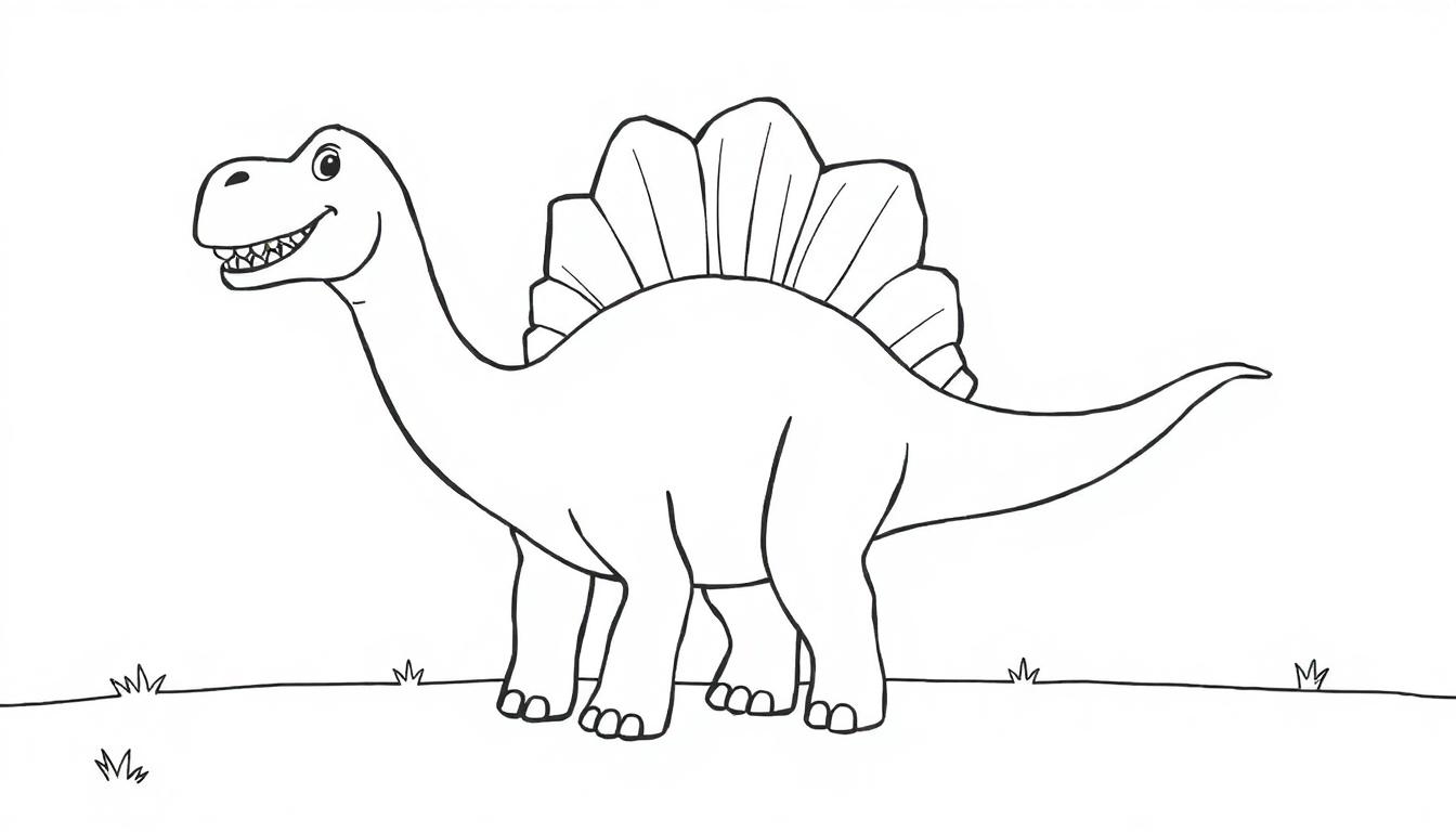 Schwarz-weiße Farbtafel eines freundlichen Stegosaurus mit Rückenschildern und einem lächelnden Gesicht.