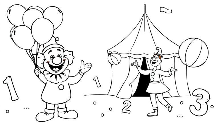 Schwarz-weiße Farbtafel-Zeichnung einer Zirkusszene mit Clowns und Zahlen.