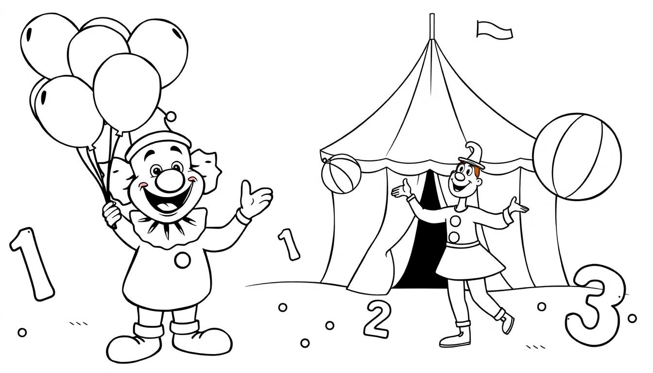 Schwarz-weiße Farbtafel-Zeichnung einer Zirkusszene mit Clowns und Zahlen.