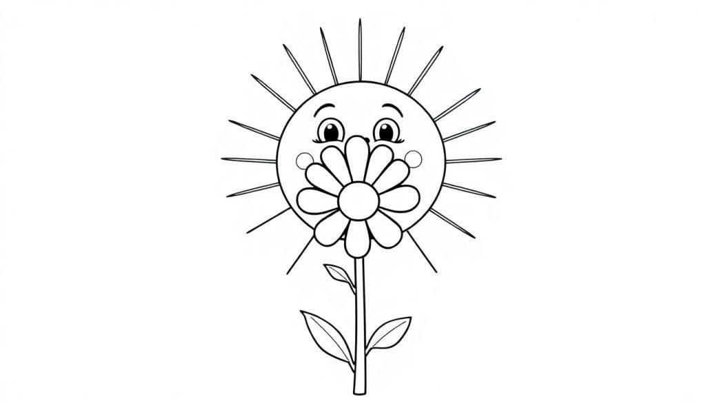 Schwarz-weiße Farbtafel einer lächelnden Sonnenblume mit Strahlen.