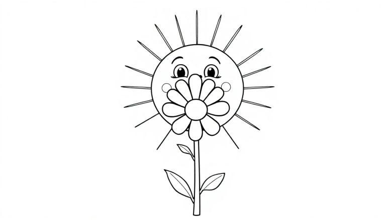 Schwarz-weiße Farbtafel einer lächelnden Sonnenblume mit Strahlen.