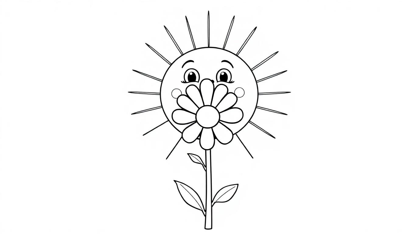 Schwarz-weiße Farbtafel einer lächelnden Sonnenblume mit Strahlen.