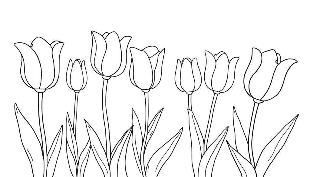 Eine Farbtafel von fröhlichen Tulpen, die im Wind tanzen, im schwarzen und weißen Linienkunststil.