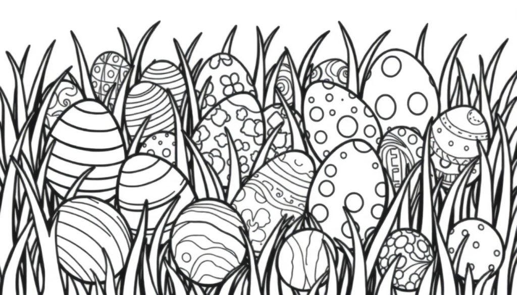 Schwarz-weiße Farbtafel mit Ostereiern, die im Gras versteckt sind und darauf warten, ausgemalt zu werden.