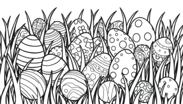Schwarz-weiße Farbtafel mit Ostereiern, die im Gras versteckt sind und darauf warten, ausgemalt zu werden.