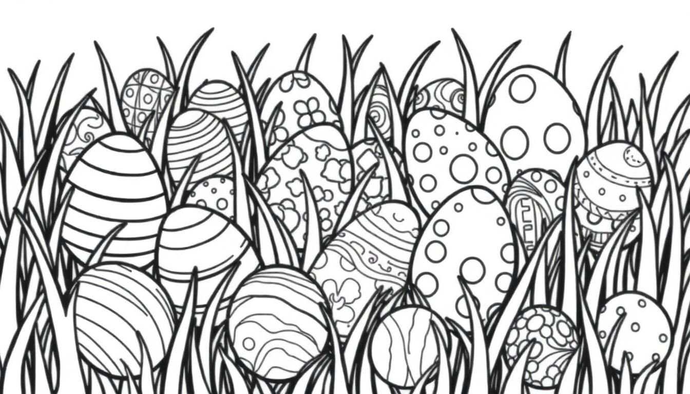 Schwarz-weiße Farbtafel mit Ostereiern, die im Gras versteckt sind und darauf warten, ausgemalt zu werden.