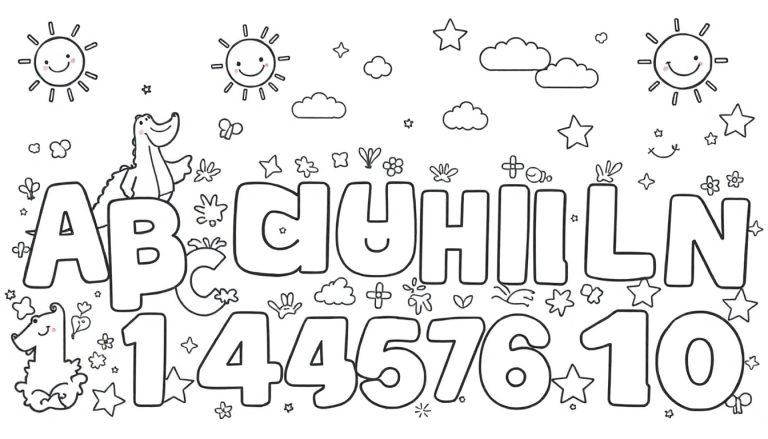 Schwarz-Weiß-Farbtafel-Ausmalbild mit Sonne, Buchstaben, Zahlen und Cartoon-Tieren.