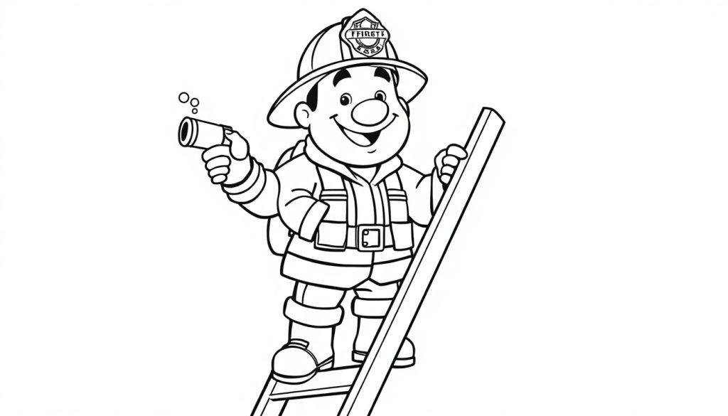 Schwarz-weiß Farbtafel-Cartoon eines lächelnden Feuerwehrmanns mit einer Wasserpistole, der eine Leiter hochklettert.