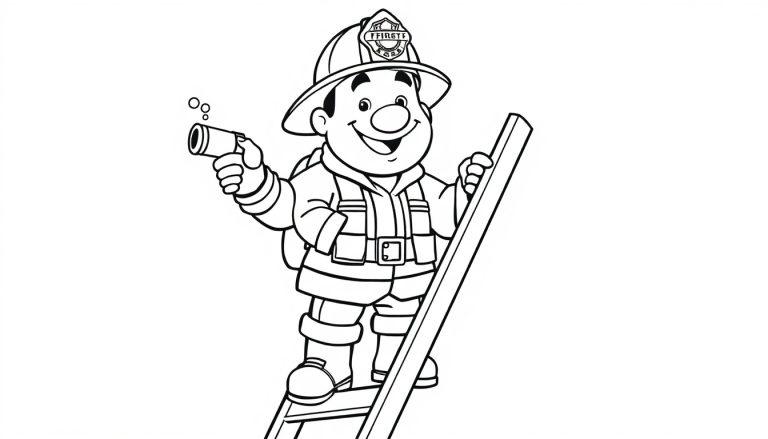 Schwarz-weiß Farbtafel-Cartoon eines lächelnden Feuerwehrmanns mit einer Wasserpistole, der eine Leiter hochklettert.