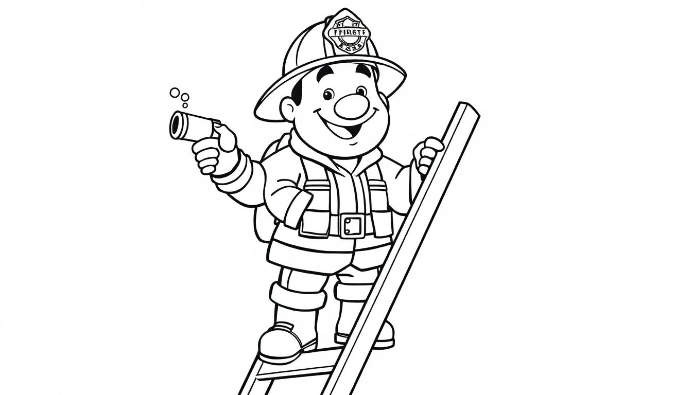 Schwarz-weiß Farbtafel-Cartoon eines lächelnden Feuerwehrmanns mit einer Wasserpistole, der eine Leiter hochklettert.