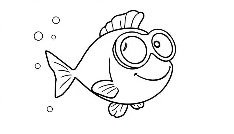 Eine süße schwarz-weiße Farbtafel eines Fisches mit großer Taucherbrille.