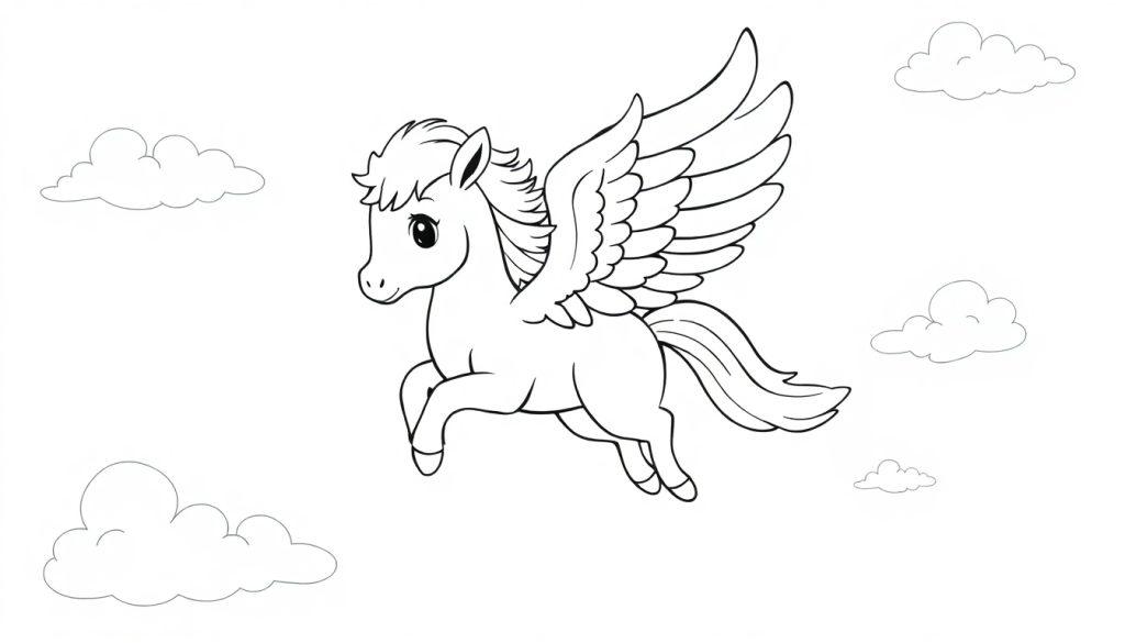 Schwarz-weiße Farbtafel-Zeichnung eines Pegasus-Fohlens, das durch Wolken fliegt.