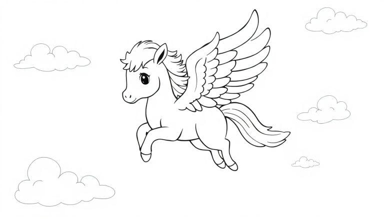 Schwarz-weiße Farbtafel-Zeichnung eines Pegasus-Fohlens, das durch Wolken fliegt.