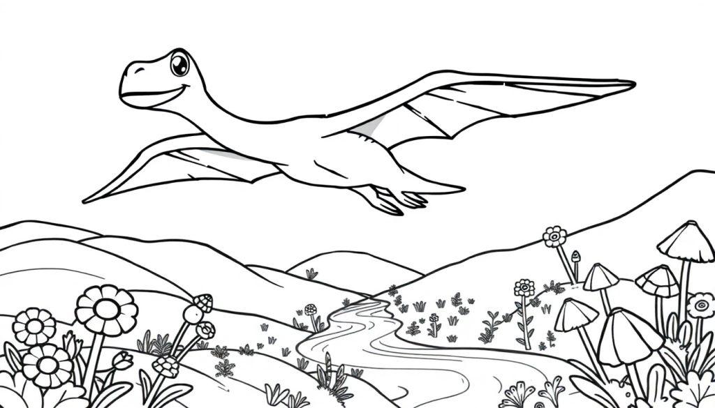 Eine schwarz-weiße Farbtafel eines freundlichen Pteranodon, der über einer hügeligen Landschaft fliegt.