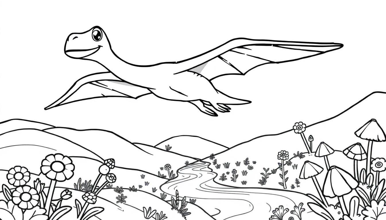 Eine schwarz-weiße Farbtafel eines freundlichen Pteranodon, der über einer hügeligen Landschaft fliegt.