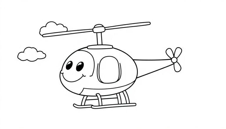 Eine schwarz-weiße Strichzeichnung eines freundlichen Cartoon-Hubschraubers mit großen Augen und einem Lächeln, der mit zwei Wolken im Himmel fliegt. Eine Farbtafel.