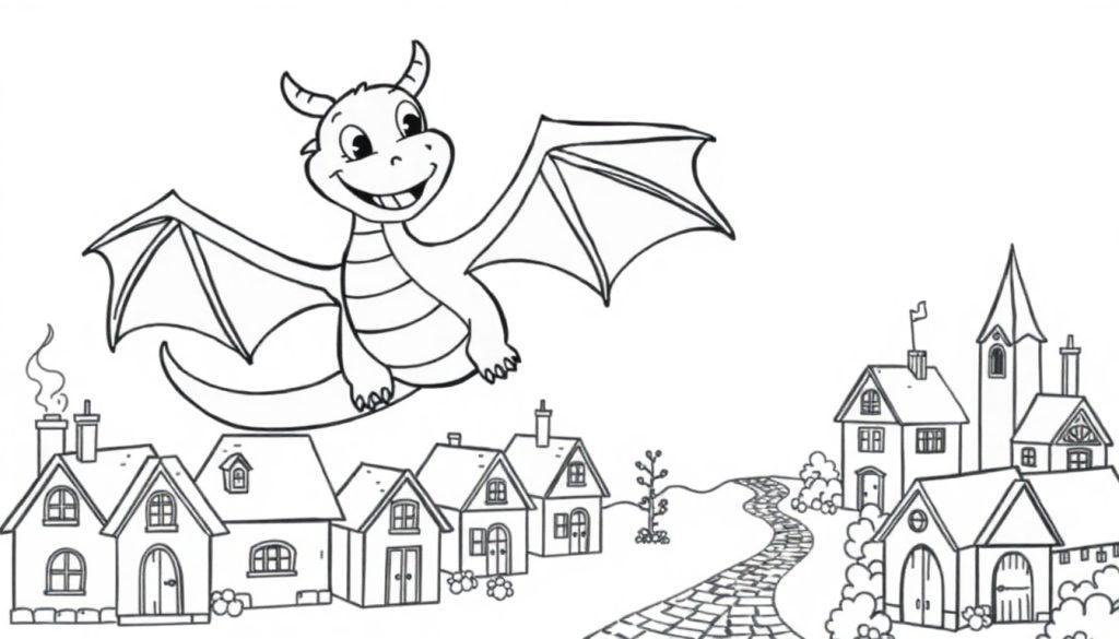 Schwarz-weiße Farbtafel eines freundlichen Drachen, der über eine kleine Stadt fliegt.