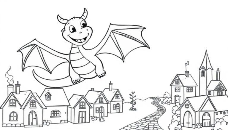 Schwarz-weiße Farbtafel eines freundlichen Drachen, der über eine kleine Stadt fliegt.