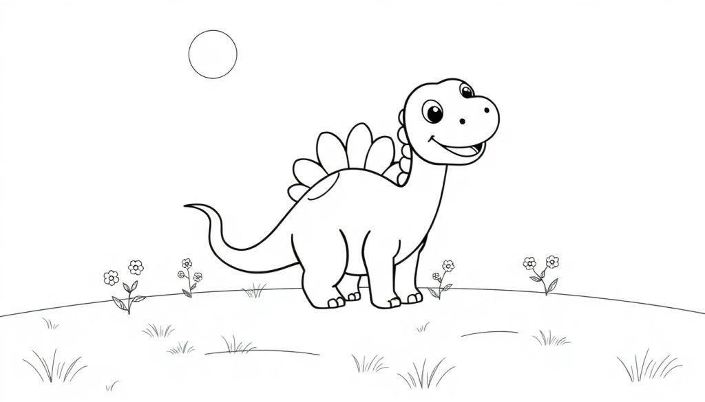 Ein niedlicher Cartoon-Stegosaurus mit freundlichem Lächeln und Rückenplatten, auf einer sonnigen Wiese, bereit zum Ausmalen als Farbtafel.