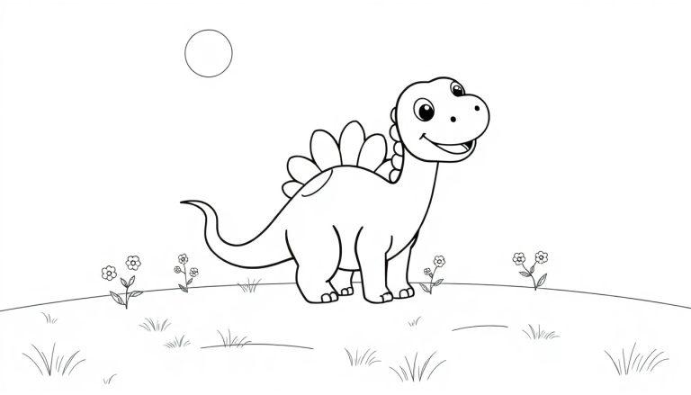 Ein niedlicher Cartoon-Stegosaurus mit freundlichem Lächeln und Rückenplatten, auf einer sonnigen Wiese, bereit zum Ausmalen als Farbtafel.