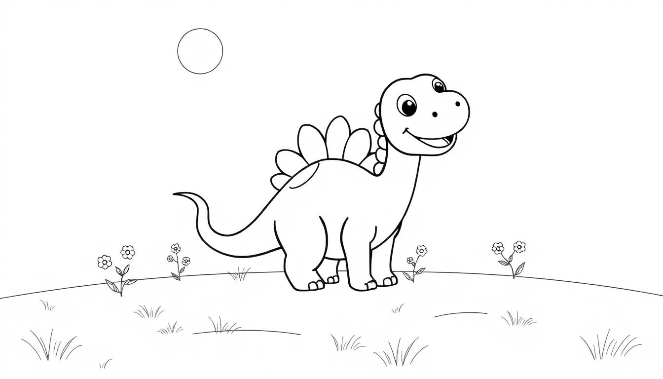 Ein niedlicher Cartoon-Stegosaurus mit freundlichem Lächeln und Rückenplatten, auf einer sonnigen Wiese, bereit zum Ausmalen als Farbtafel.