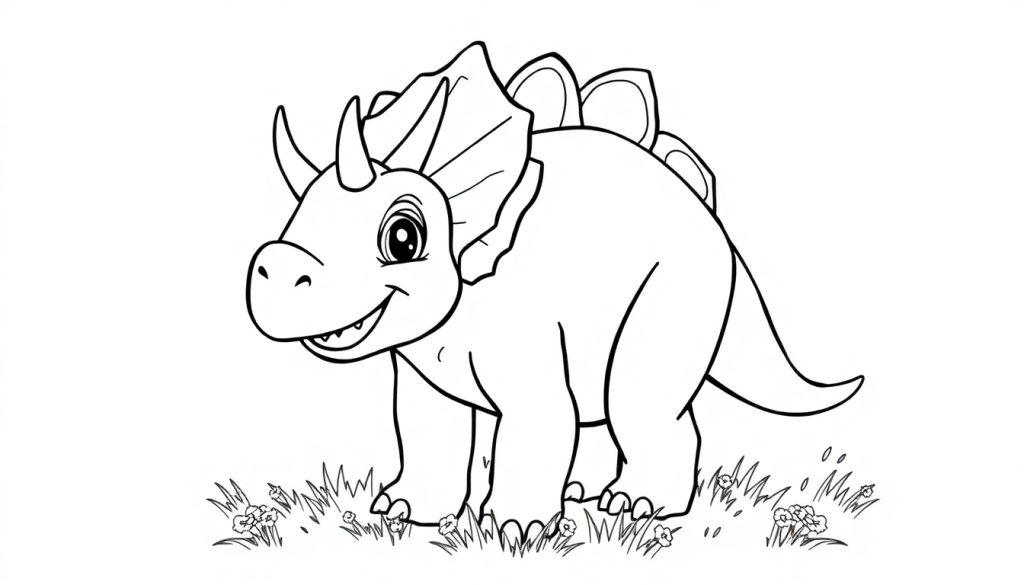 Schwarz-weiße Farbtafel eines freundlichen Triceratops-Dinosauriers im Cartoon-Stil mit drei Hörnern und einer Nackenkrause, der auf einem Feld mit Gras und Blumen steht.