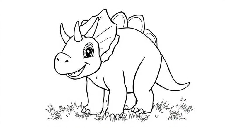 Schwarz-weiße Farbtafel eines freundlichen Triceratops-Dinosauriers im Cartoon-Stil mit drei Hörnern und einer Nackenkrause, der auf einem Feld mit Gras und Blumen steht.