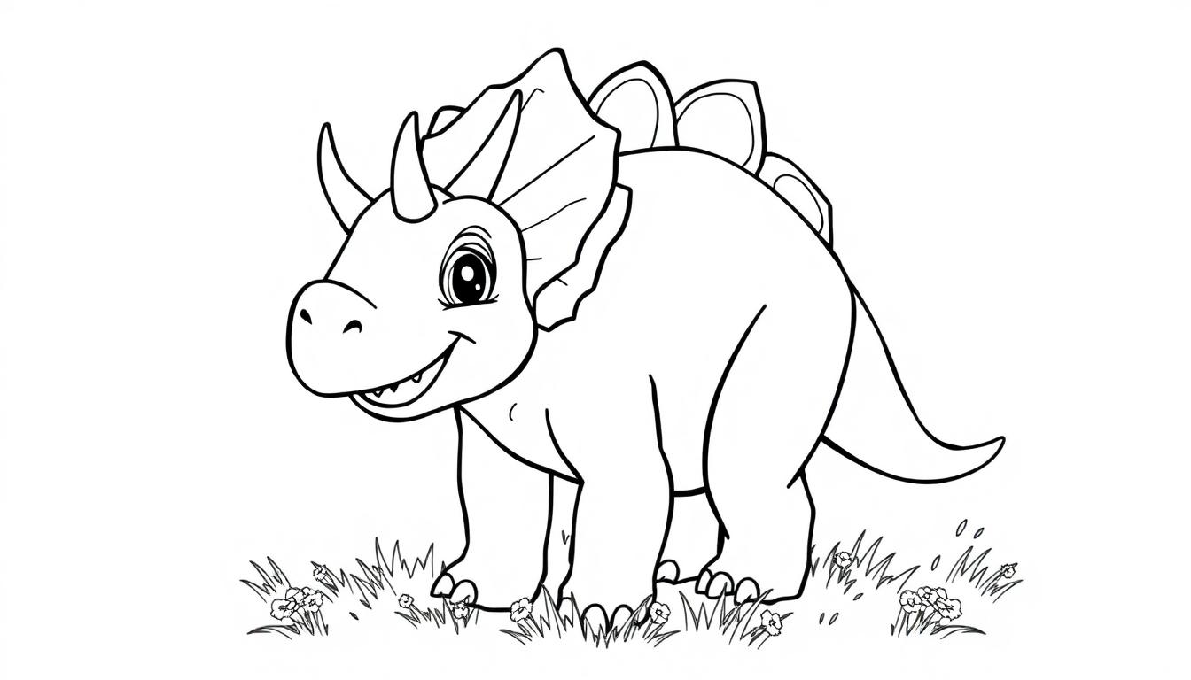 Schwarz-weiße Farbtafel eines freundlichen Triceratops-Dinosauriers im Cartoon-Stil mit drei Hörnern und einer Nackenkrause, der auf einem Feld mit Gras und Blumen steht.
