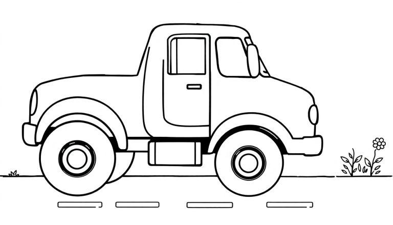 Schwarz-weißer Cartoon-Pickup-Truck mit großen Rädern auf einer Straße, bereit zum Ausmalen als Farbtafel.