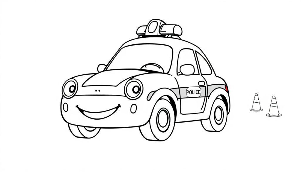 Schwarz-weiße Cartoon-Farbtafel eines freundlichen Polizeiautos.
