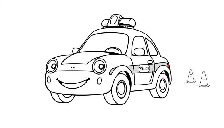 Schwarz-weiße Cartoon-Farbtafel eines freundlichen Polizeiautos.